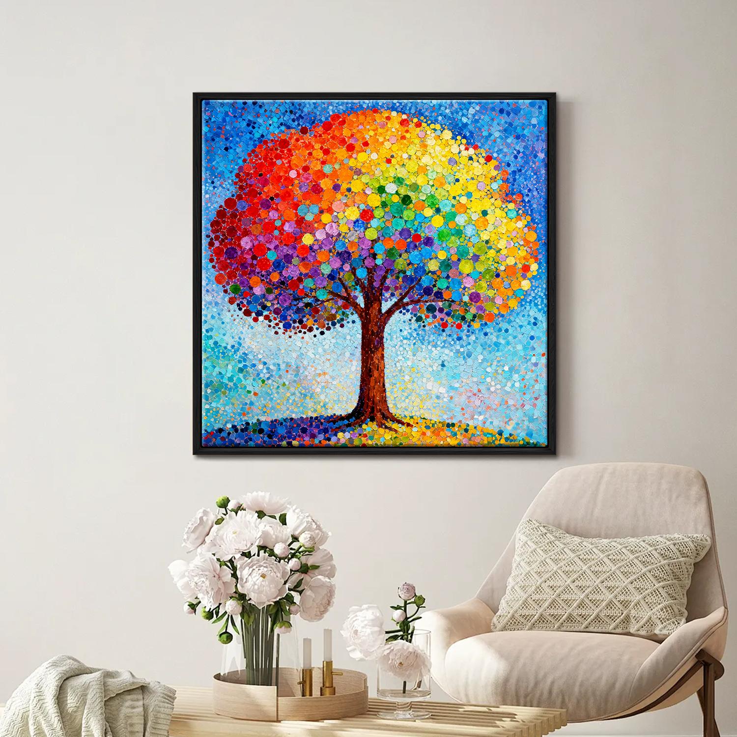 black frame wall art painting shows a colorful rainbow tree