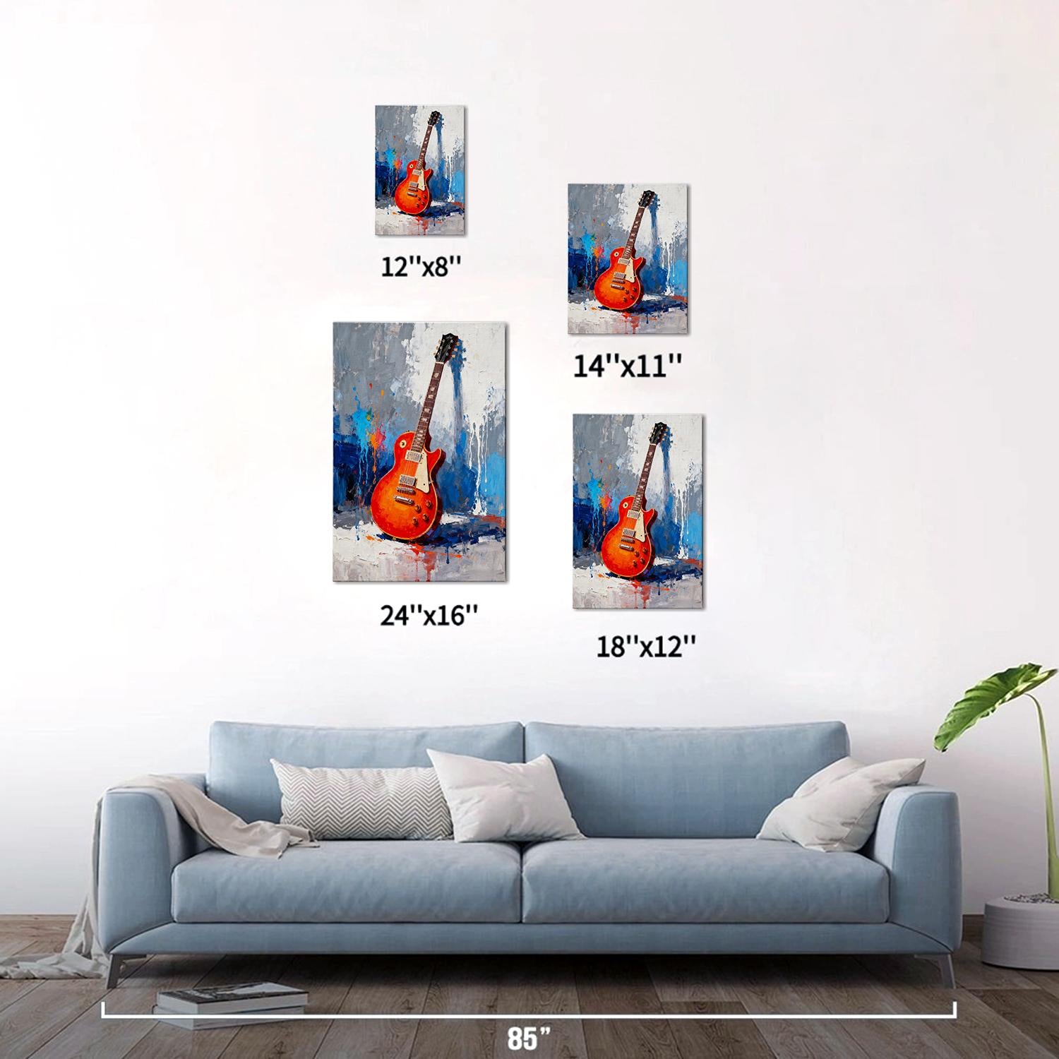 different wall art canvas painting showing a colorful electric guitar