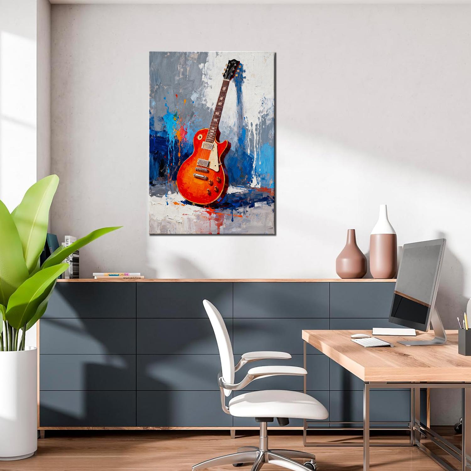 wall art canvas painting in the office showing a colorful electric guitar