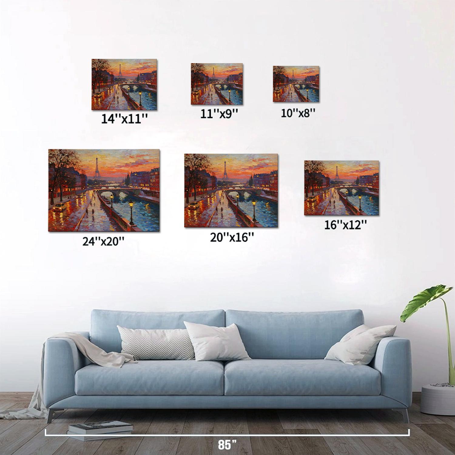 different sizes wall art painting depicting the beautiful sunset scenery of the Seine River in Paris hangs on the wall of the living room