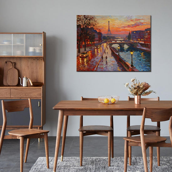 a wall art painting depicting the beautiful sunset scenery of the Seine River in Paris hangs on the wall of the living room