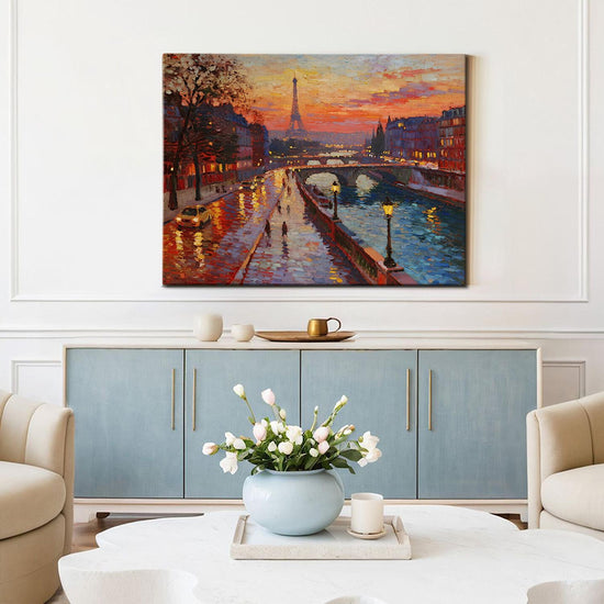 a wall art painting depicting the beautiful sunset scenery of the Seine River in Paris hangs on the wall of the living room