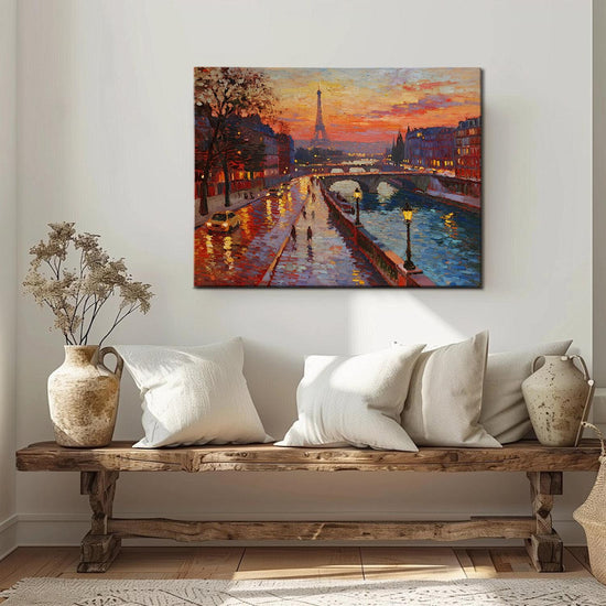 a wall art painting depicting the beautiful sunset scenery of the Seine River in Paris hangs on the wall of the living room