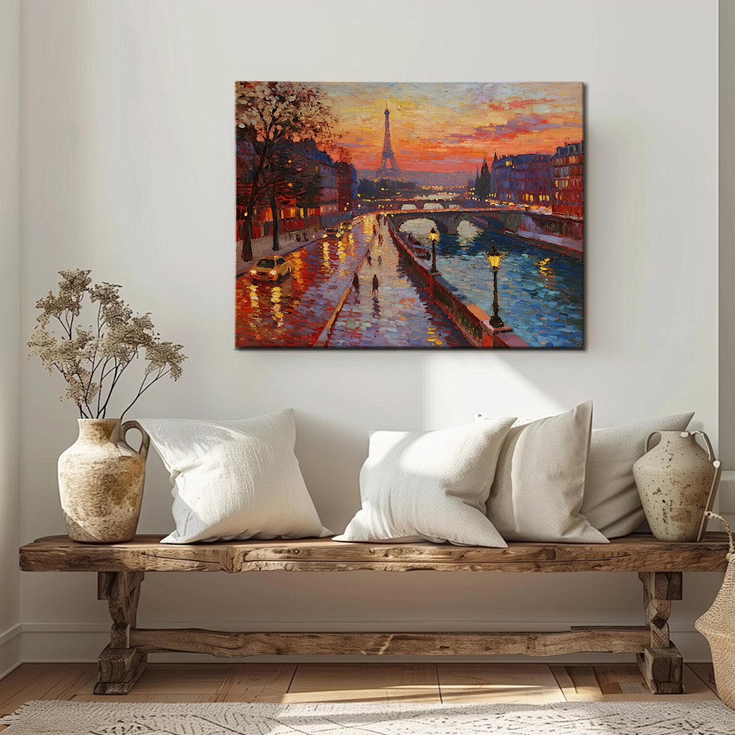 a wall art painting depicting the beautiful sunset scenery of the Seine River in Paris hangs on the wall of the living room