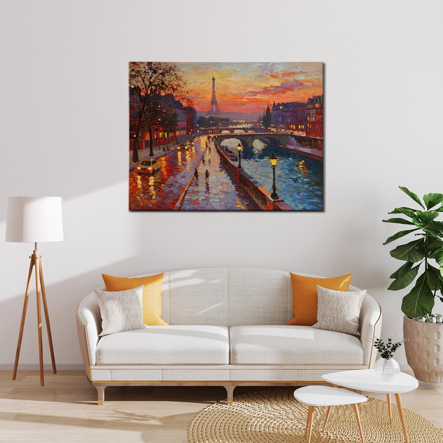 wall art painting depicting the beautiful sunset scenery of the Seine River in Paris hangs on the wall of the living room