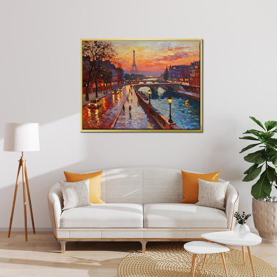 gold frame wall art painting depicting the beautiful sunset scenery of the Seine River in Paris hangs on the wall of the living room