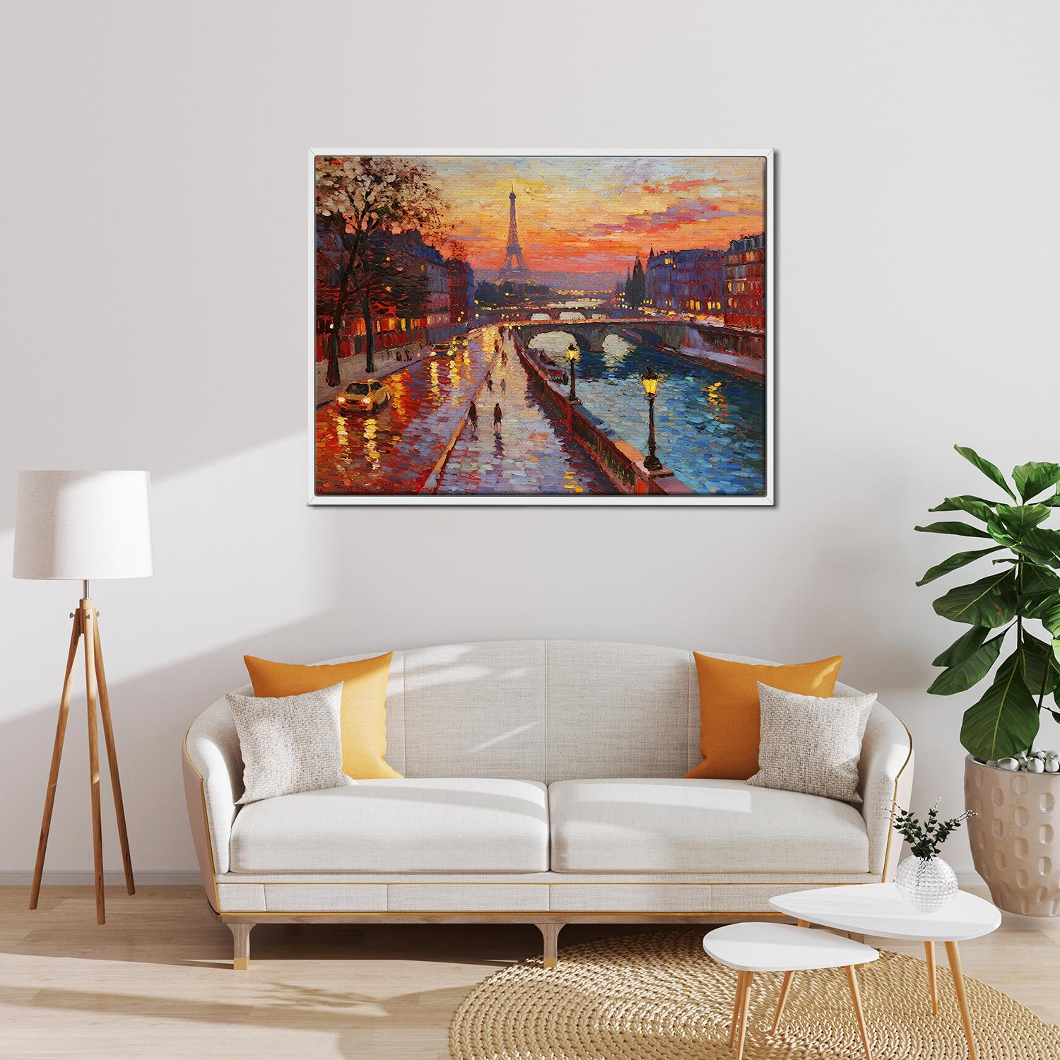 white frame wall art painting depicting the beautiful sunset scenery of the Seine River in Paris hangs on the wall of the living room