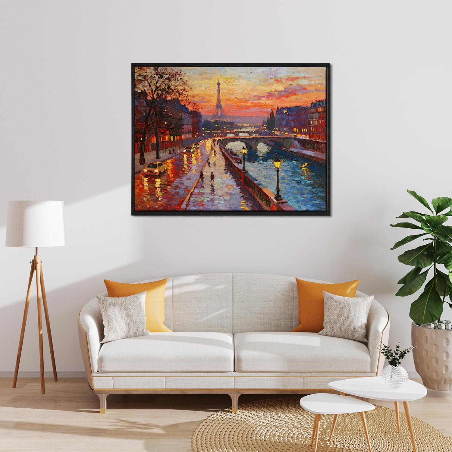 black frame wall art painting depicting the beautiful sunset scenery of the Seine River in Paris hangs on the wall of the living room