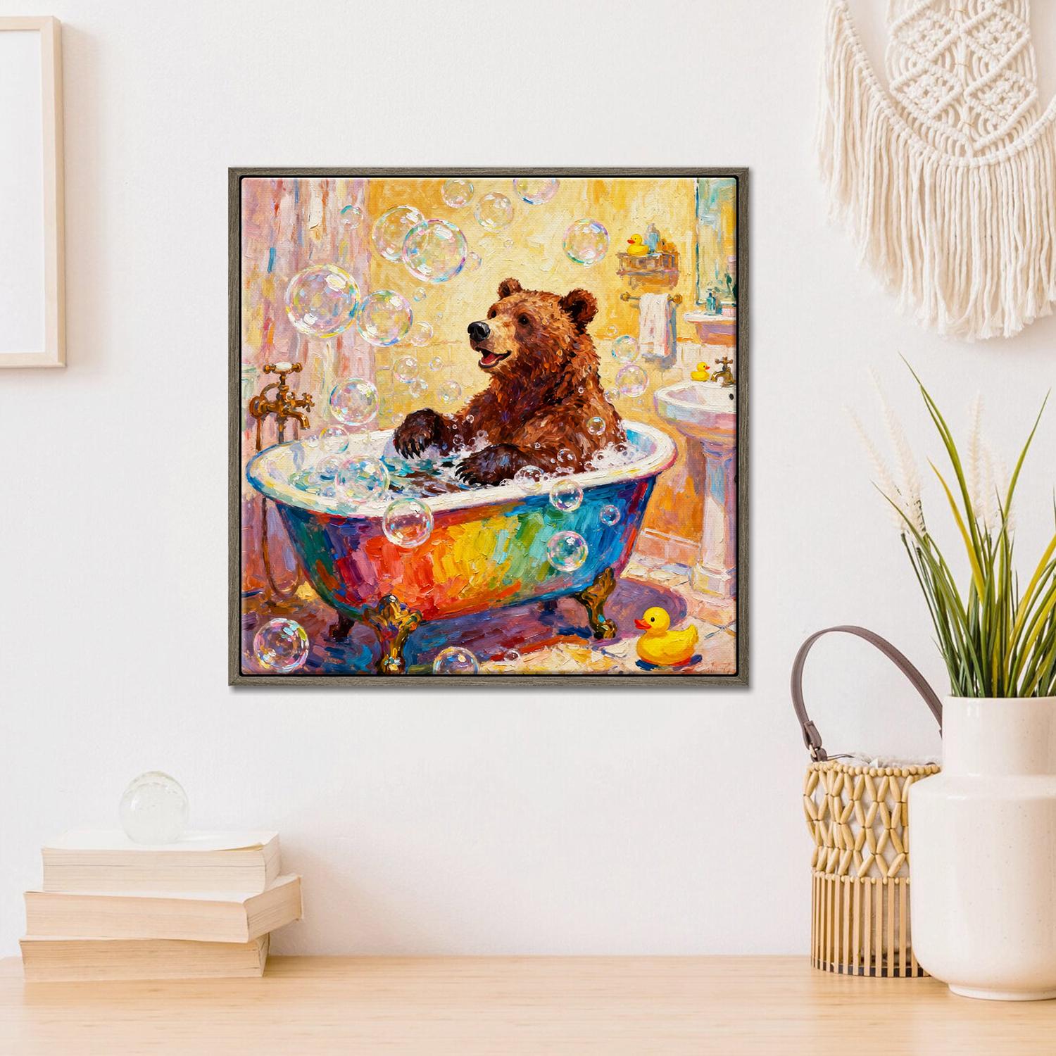 coffee frame wall art canvas in the children room depicts a brown bear taking a bath in a colorful bathtub