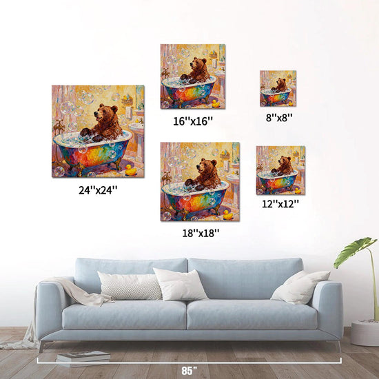 different size wall art canvas in the children room depicts a brown bear taking a bath in a colorful bathtub