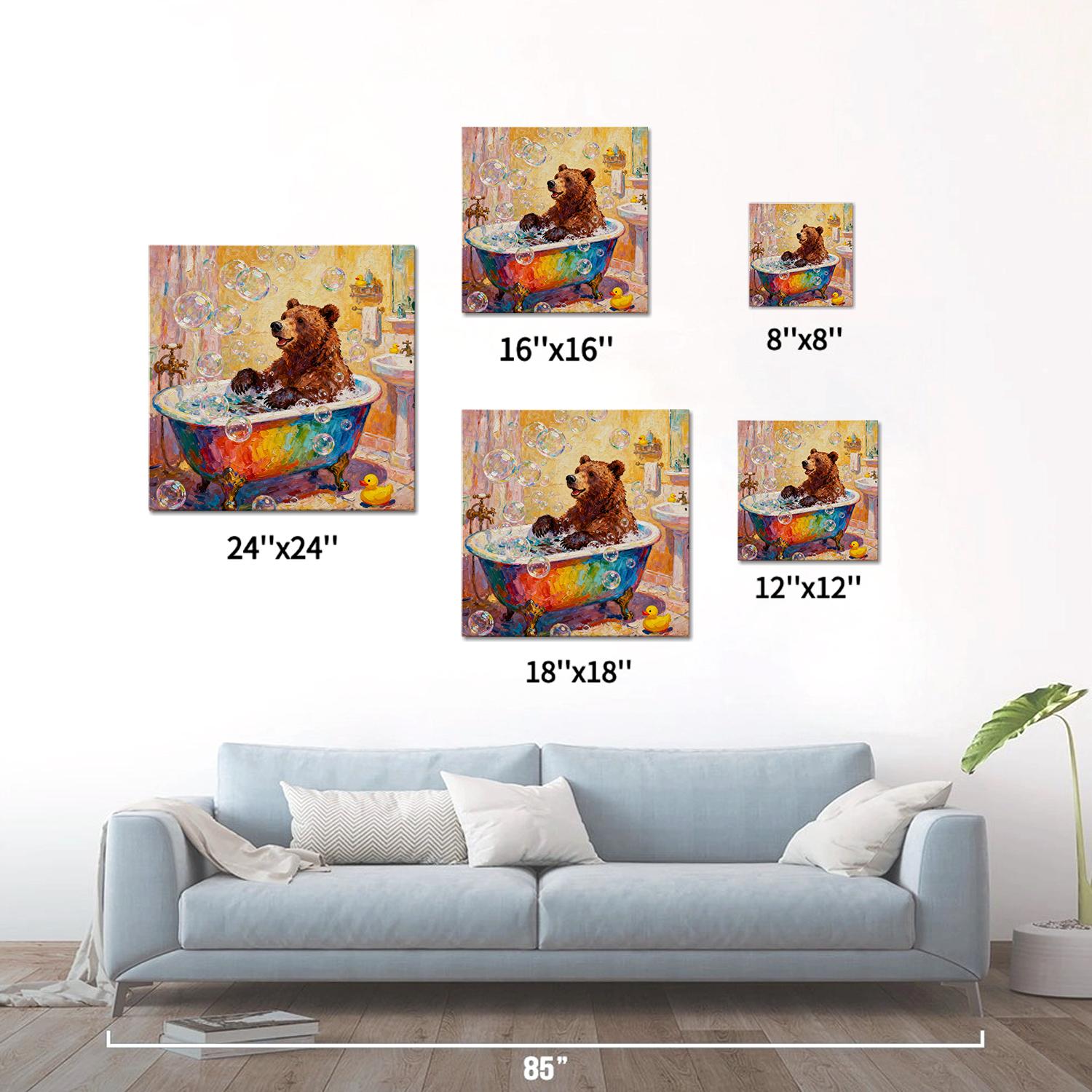 different size wall art canvas in the children room depicts a brown bear taking a bath in a colorful bathtub