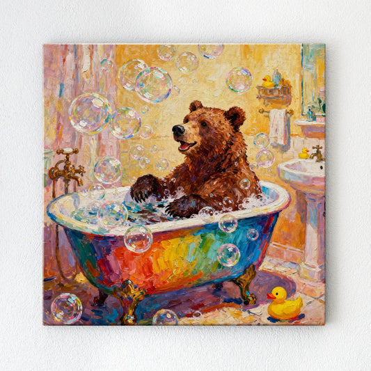 wall art canvas depicts a brown bear taking a bath in a colorful bathtub