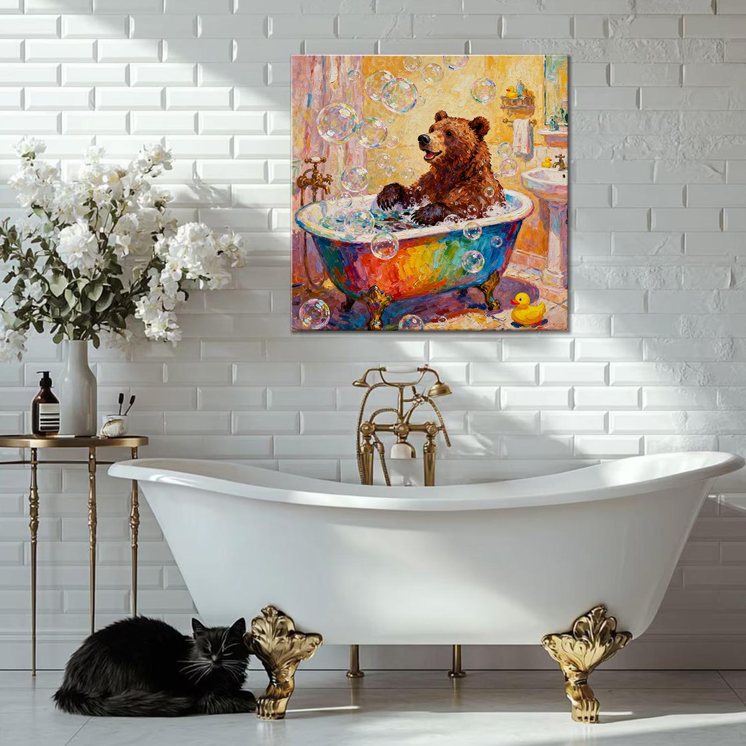 wall art canvas in the bathroom depicts a brown bear taking a bath in a colorful bathtub