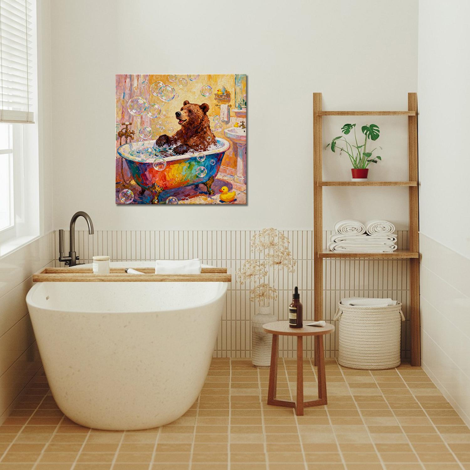 wall art canvas in the bathroom depicts a brown bear taking a bath in a colorful bathtub