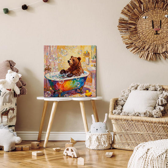 wall art canvas in the children room depicts a brown bear taking a bath in a colorful bathtub
