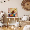 wall art canvas in the children room depicts a brown bear taking a bath in a colorful bathtub