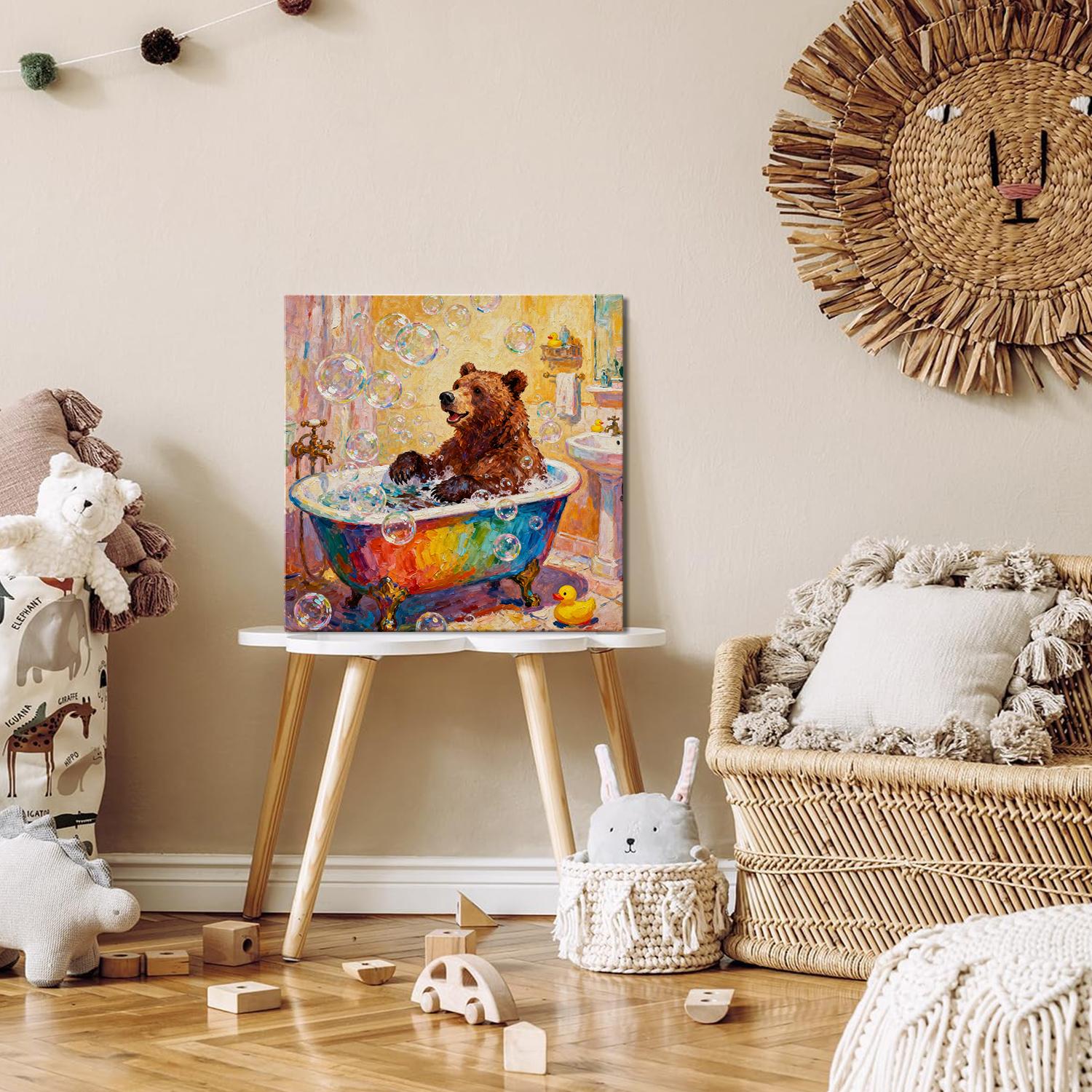 wall art canvas in the children room depicts a brown bear taking a bath in a colorful bathtub