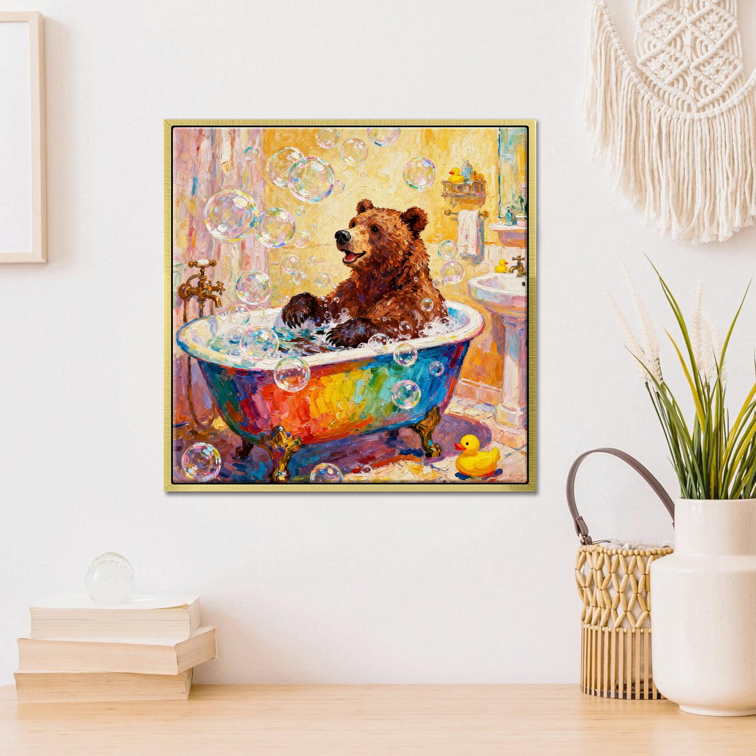 gold frame wall art canvas in the children room depicts a brown bear taking a bath in a colorful bathtub