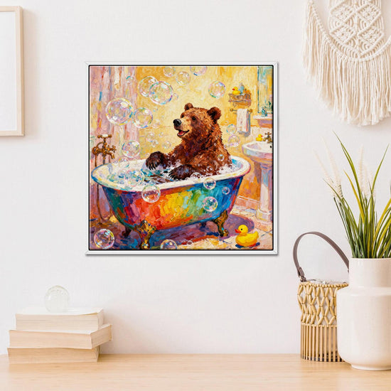 white frame wall art canvas in the children room depicts a brown bear taking a bath in a colorful bathtub