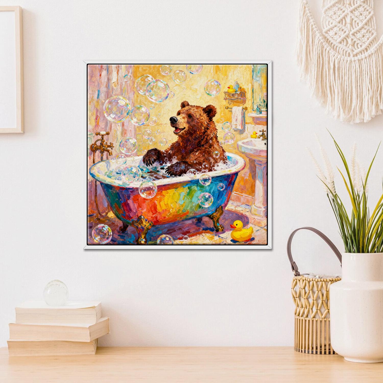 white frame wall art canvas in the children room depicts a brown bear taking a bath in a colorful bathtub
