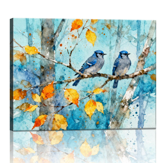 wall art canvas showing two bluebirds perched on a branch