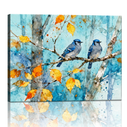 wall art canvas showing two bluebirds perched on a branch