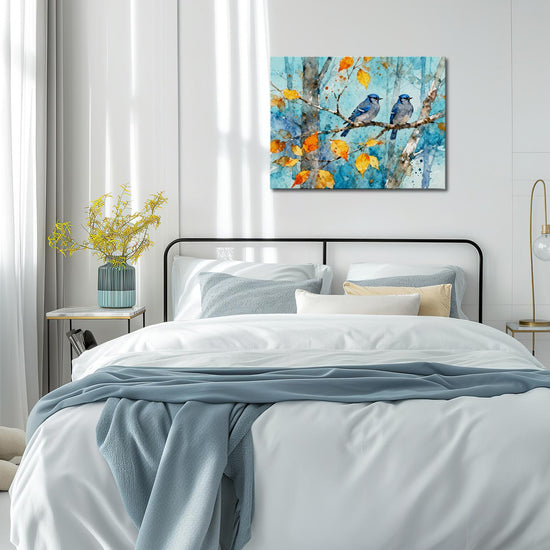 wall art canvas in the bedroom showing two bluebirds perched on a branch