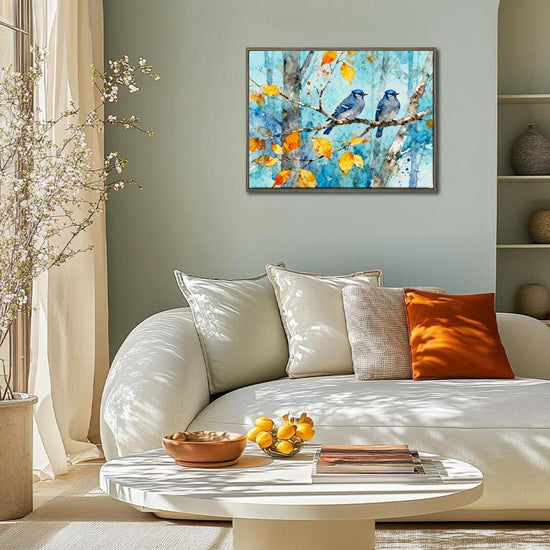 coffee frame wall art canvas showing two bluebirds perched on a branch