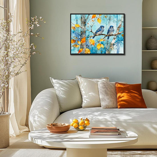 black frame wall art canvas showing two bluebirds perched on a branch