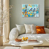 white frame wall art canvas showing two bluebirds perched on a branch
