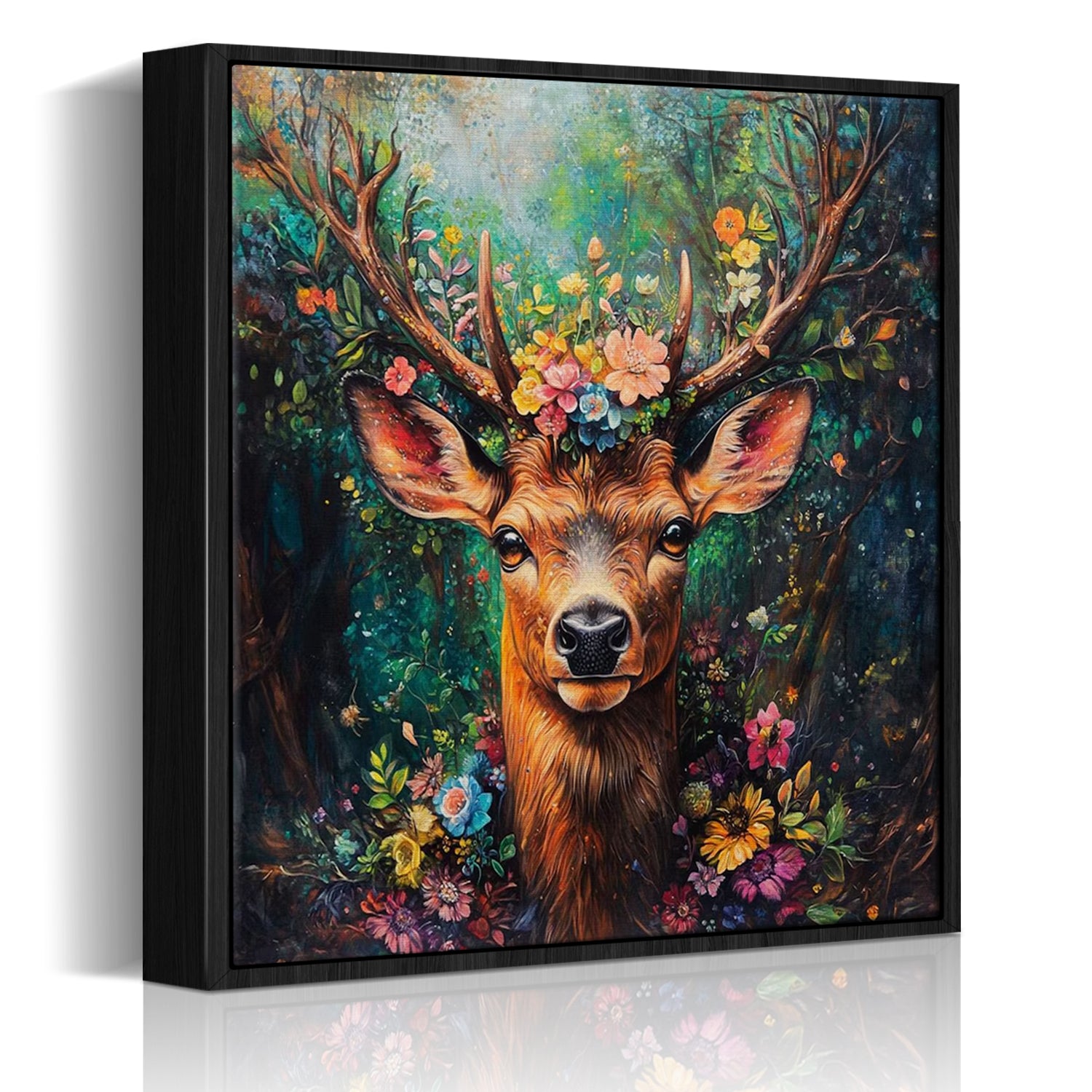 black frame deer in flowers wall art decor canvas