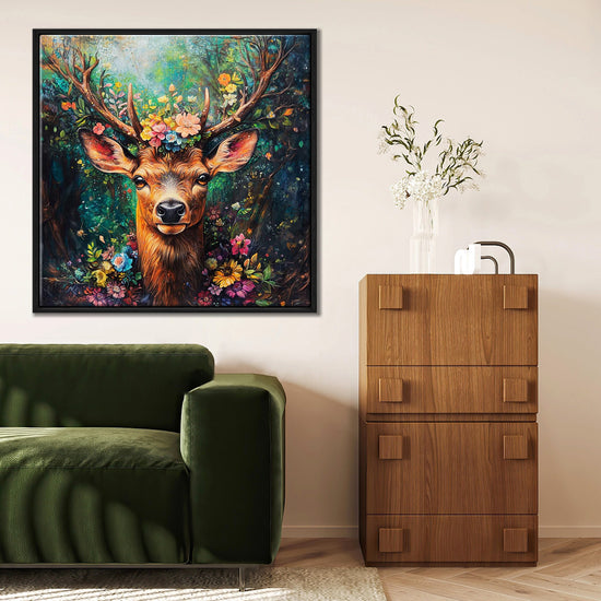 black frame deer in flowers wall art decor painting above the sofa