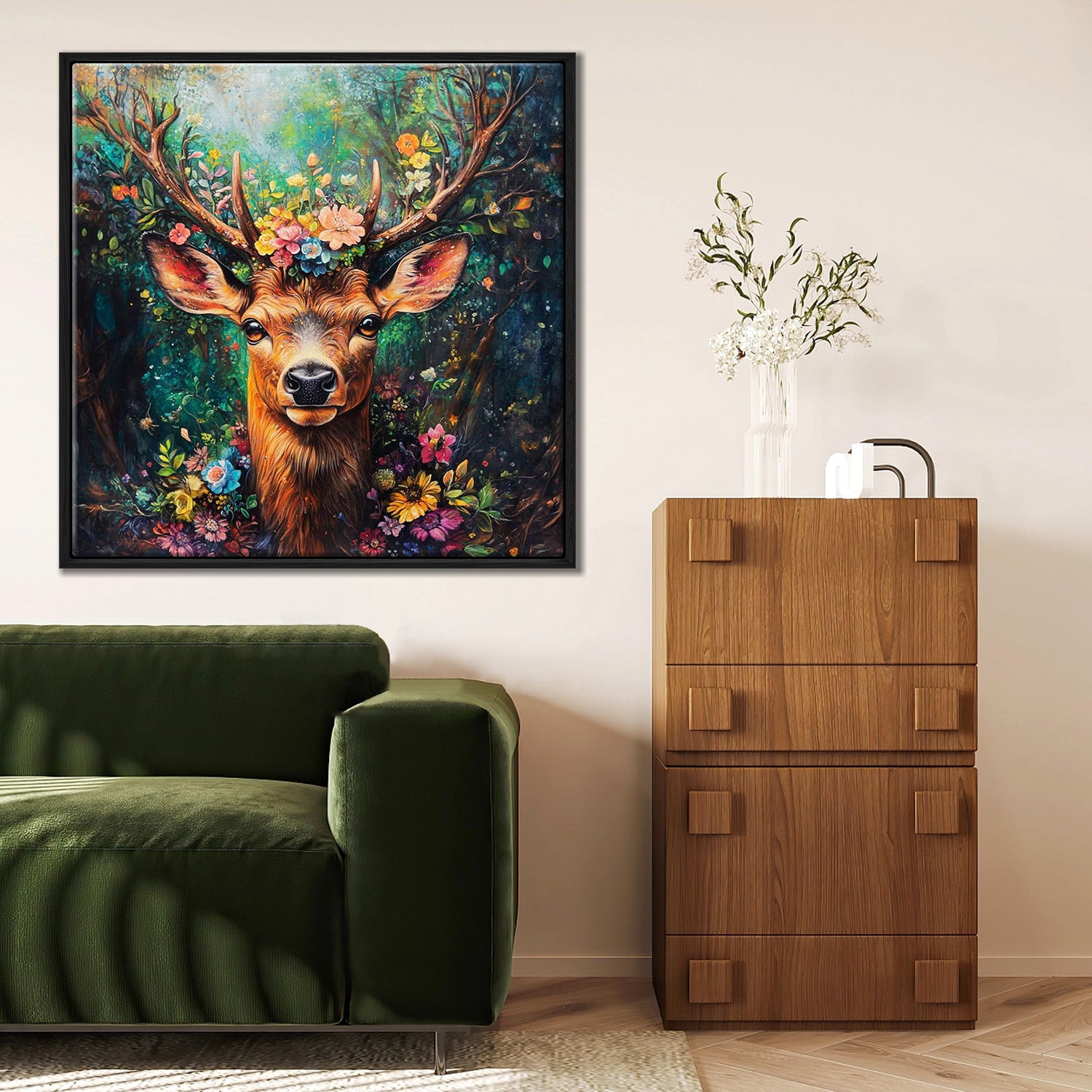 black frame deer in flowers wall art decor painting above the sofa
