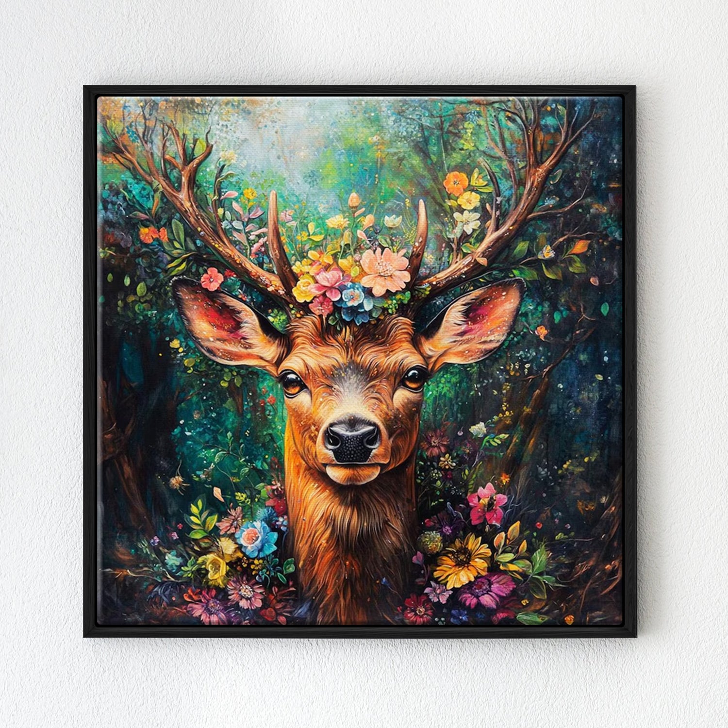 black frame deer in flowers wall art decor painting