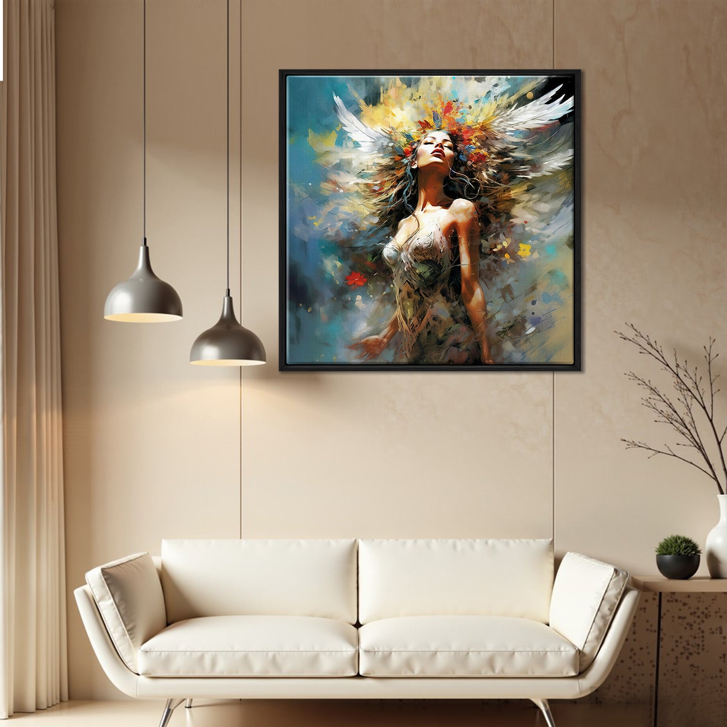 black frame flower goddess wall art canvas above the sofa