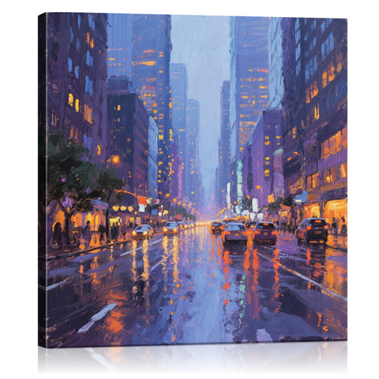 wall art canvas city streets on rainy night