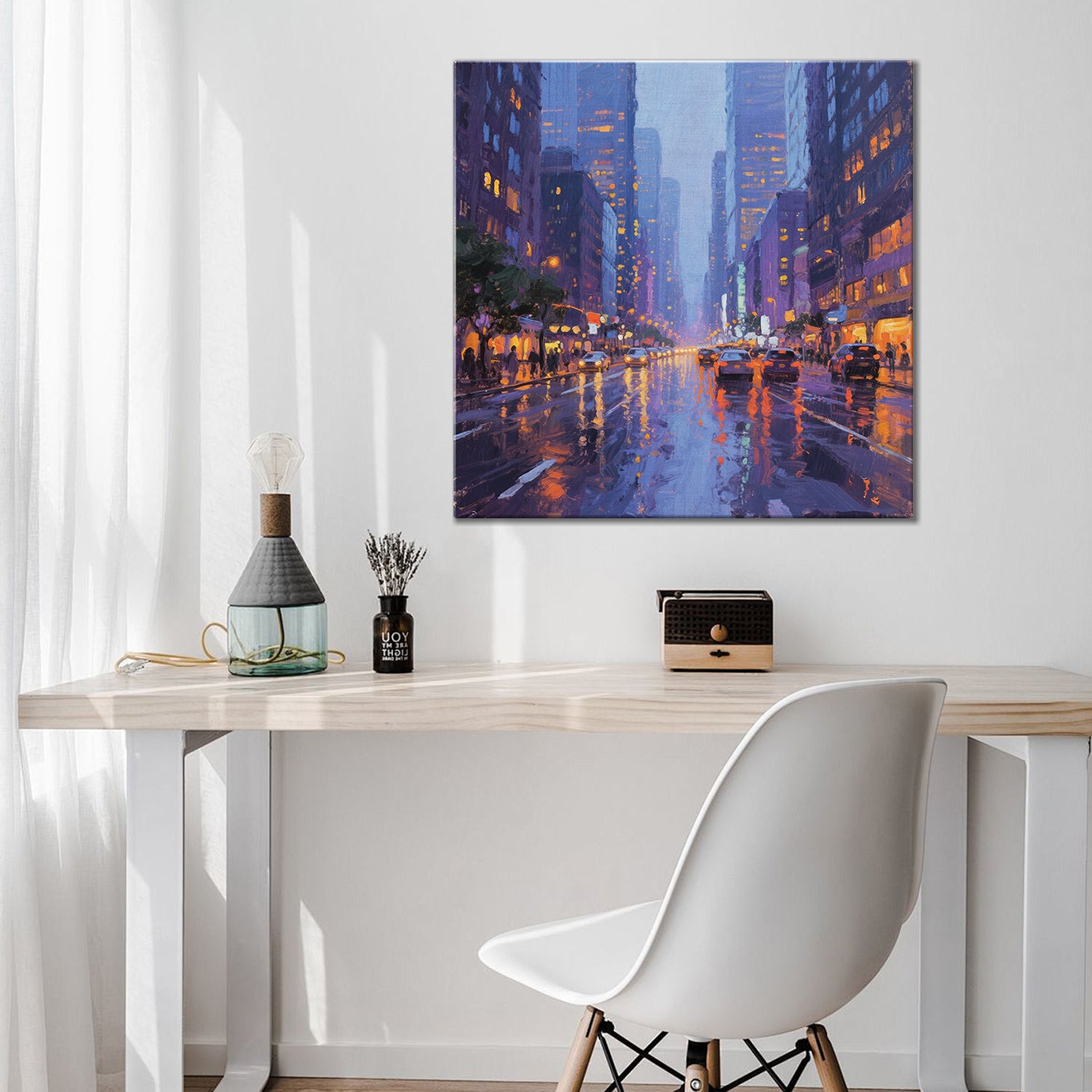 wall art canvas city streets on rainy night above the table