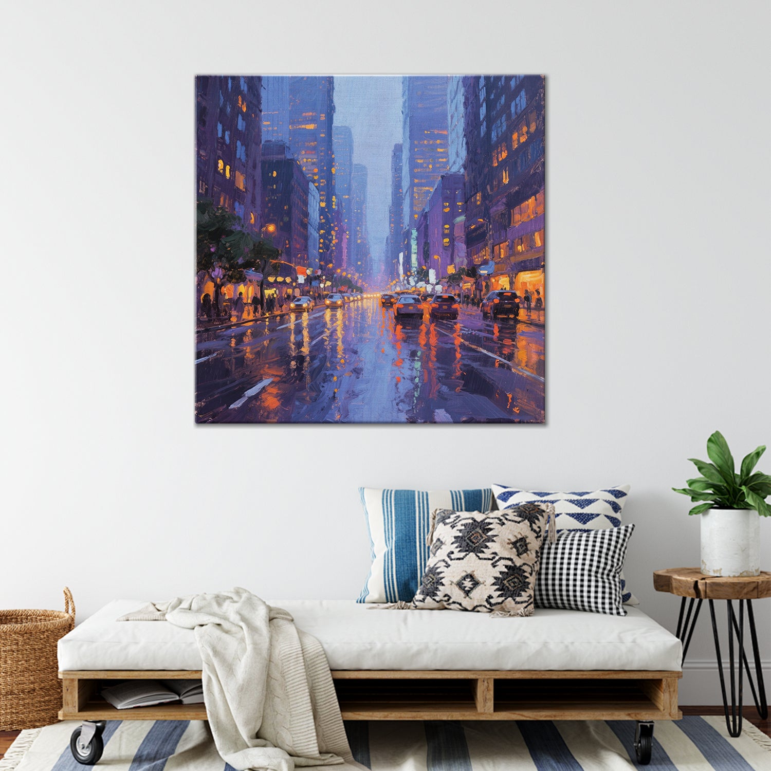 a wall art painting showing the bustling city streets on a rainy night hangs on the wall of a warmly decorated room
