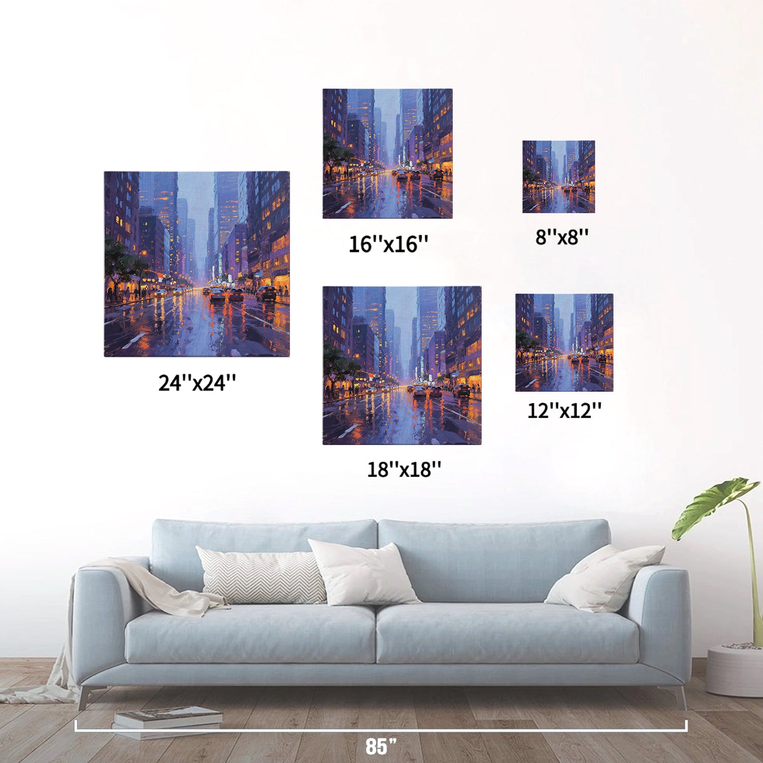 different size wall art painting showing the bustling city streets on a rainy night hangs on the wall of a warmly decorated room