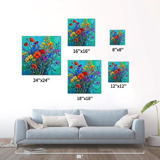 different size wall art canvas painting depicts a gorgeous and colorful bouquet of flowers.