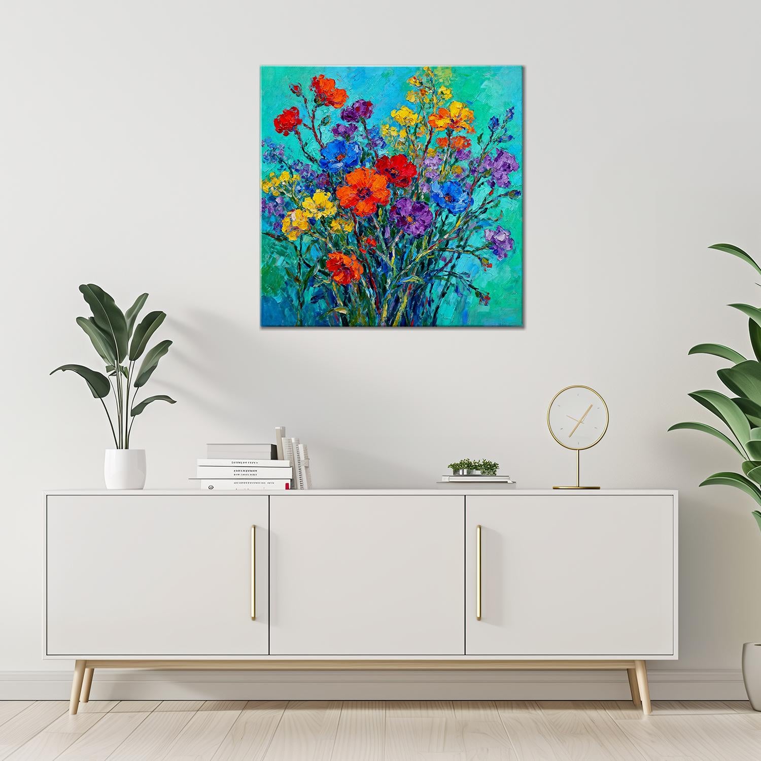 living room wall art canvas painting depicts a gorgeous and colorful bouquet of flowers.