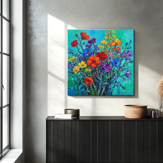 living room wall art canvas painting depicts a gorgeous and colorful bouquet of flowers.