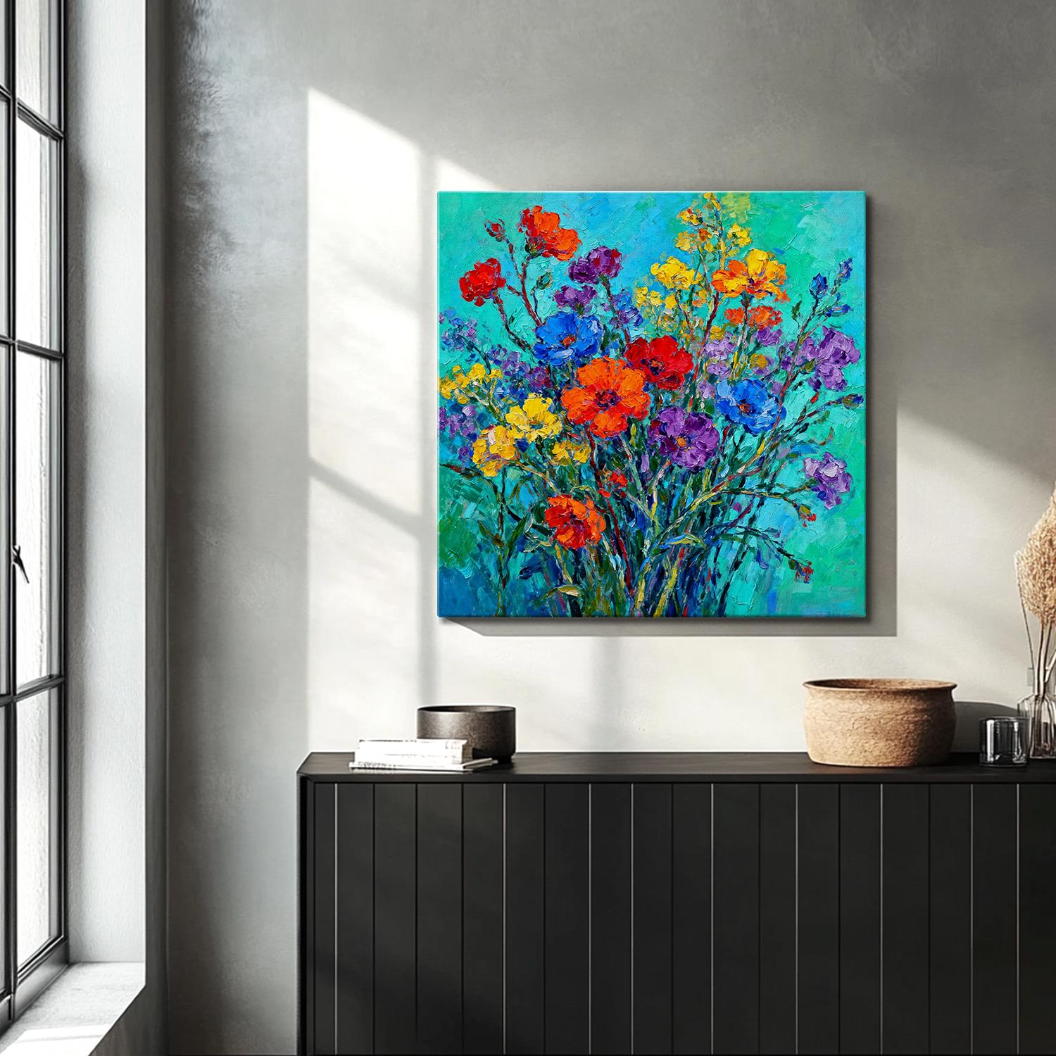 living room wall art canvas painting depicts a gorgeous and colorful bouquet of flowers.
