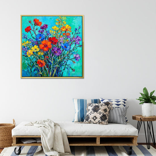 gold frame wall art canvas painting depicts a gorgeous and colorful bouquet of flowers.