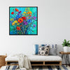 black frame wall art canvas painting depicts a gorgeous and colorful bouquet of flowers.