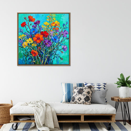 light oak color frame wall art canvas painting depicts a gorgeous and colorful bouquet of flowers.
