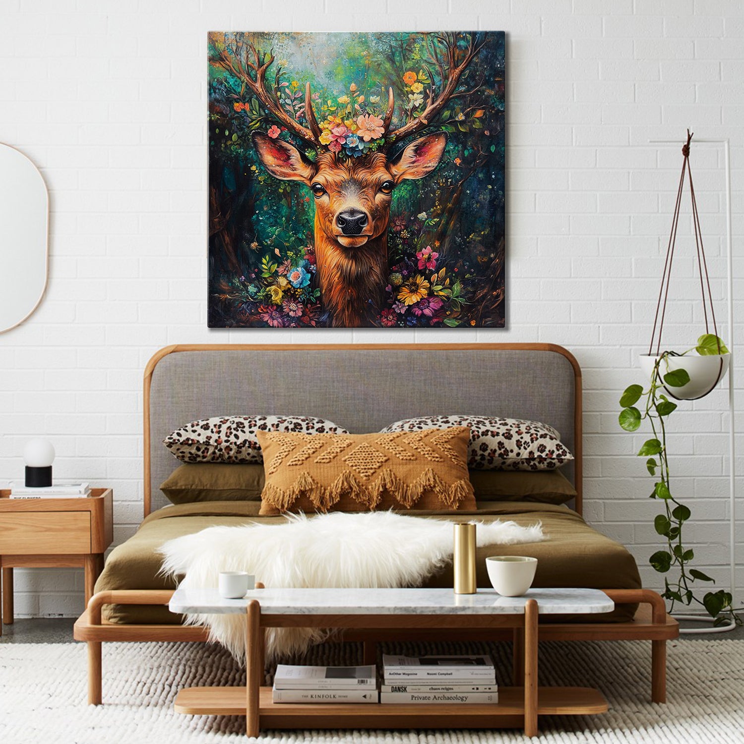 deer in flowers wall art decor painting above the bed