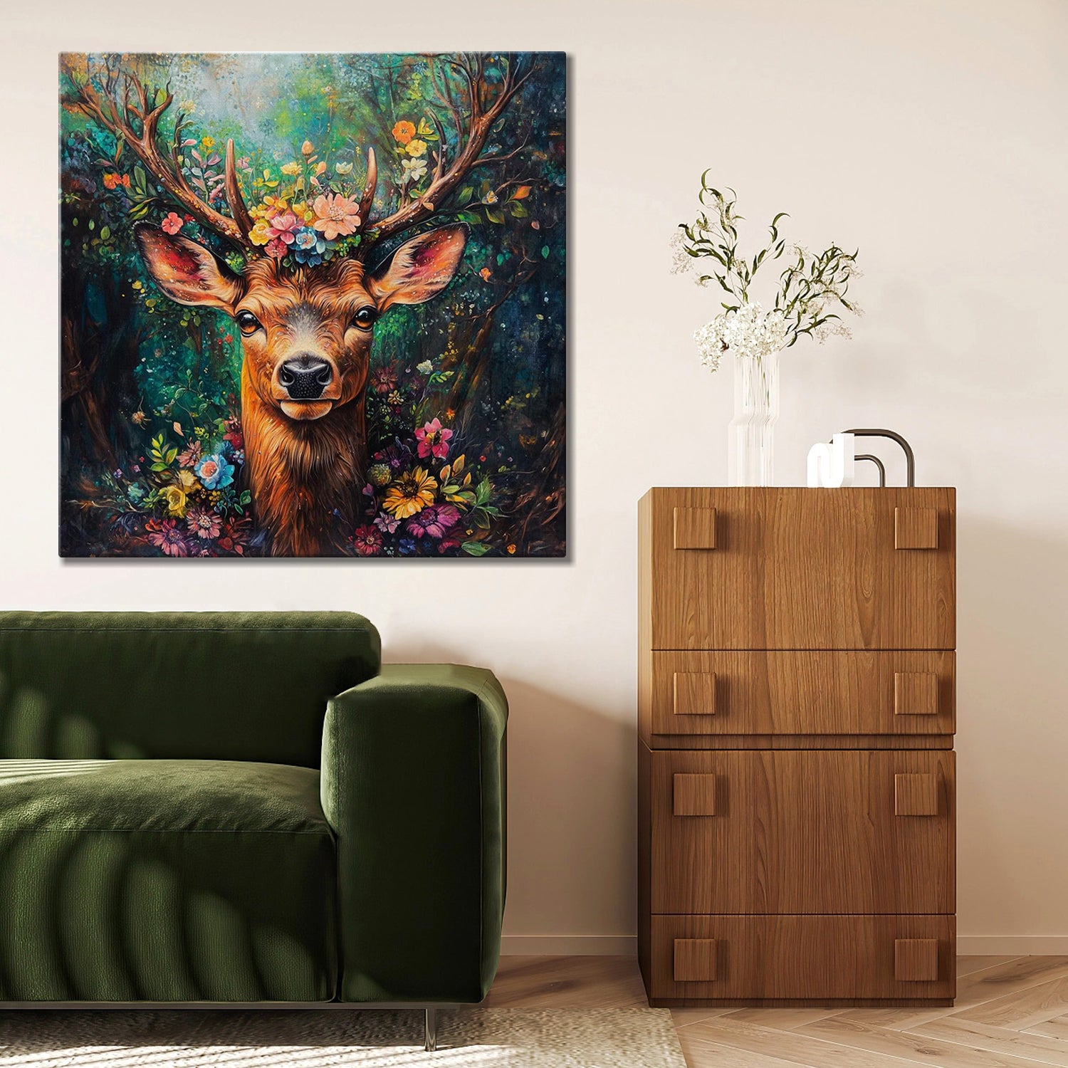 deer in flowers wall art decor painting in the living room