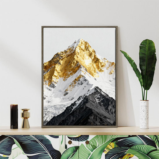 coffee frame wall art canvas shows a snowy mountain with its summit covered in gold