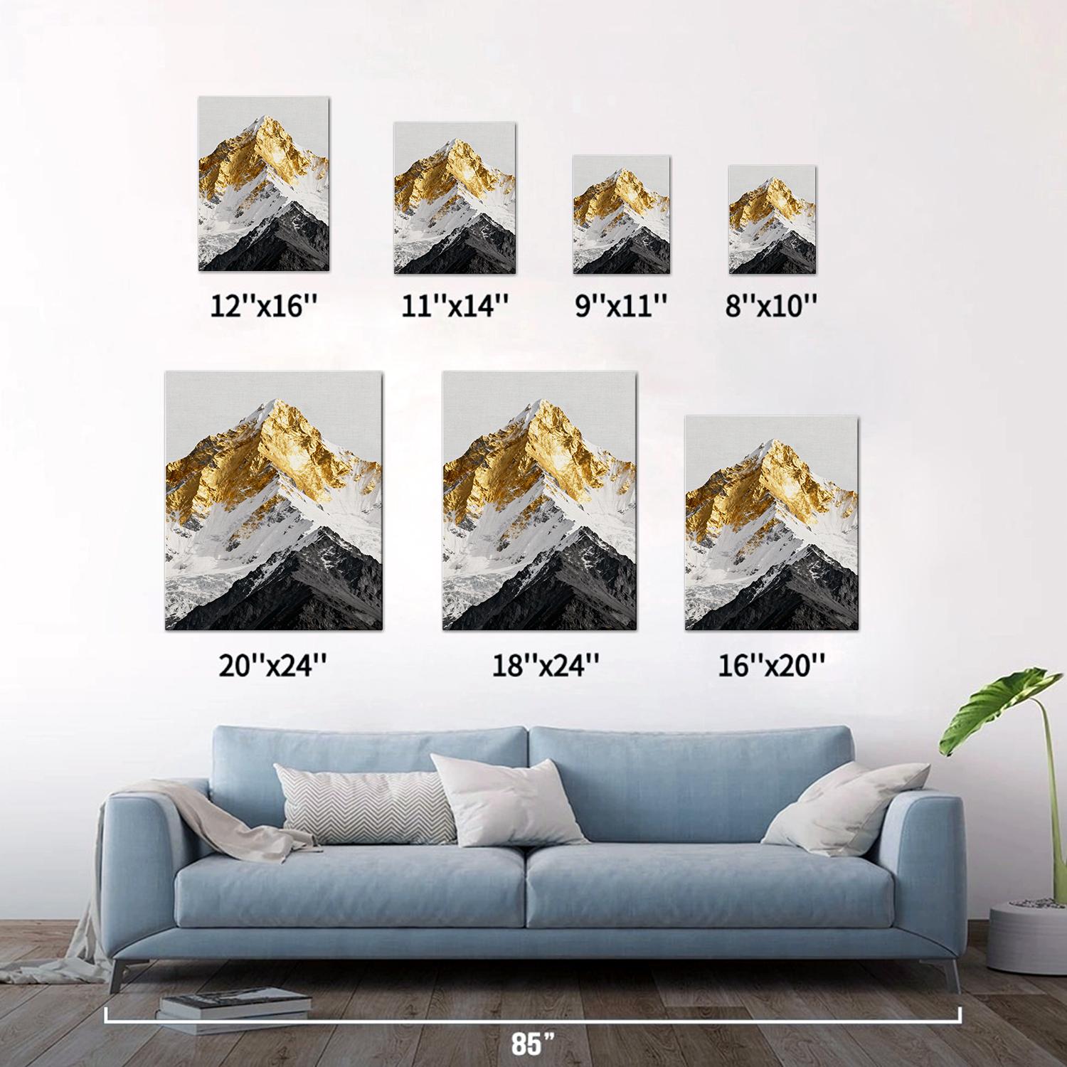 different size wall art canvas shows a snowy mountain with its summit covered in gold